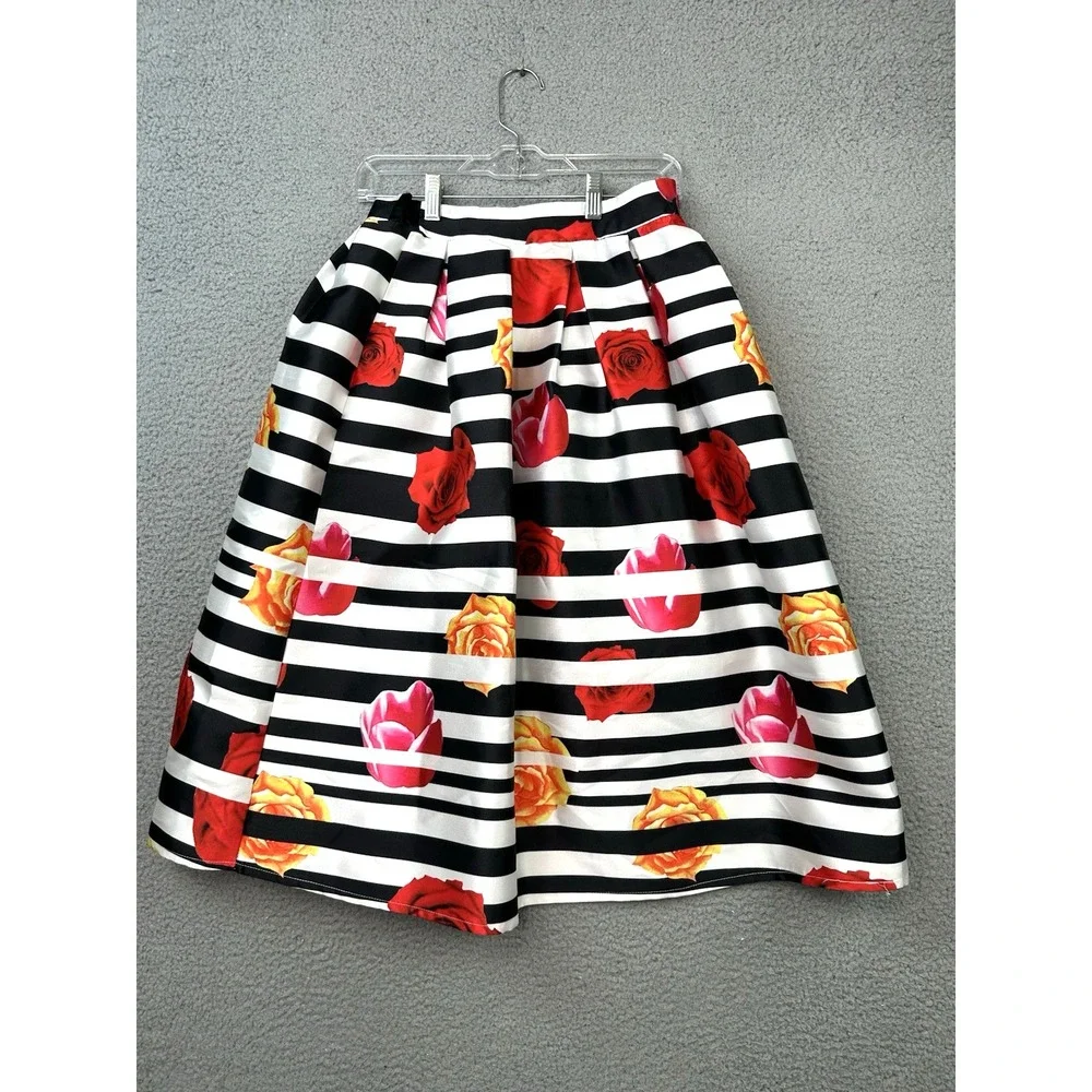 Rockabilly Black White Striped Floral Midi Skirt 50s Pleated Cabbage Rose Small